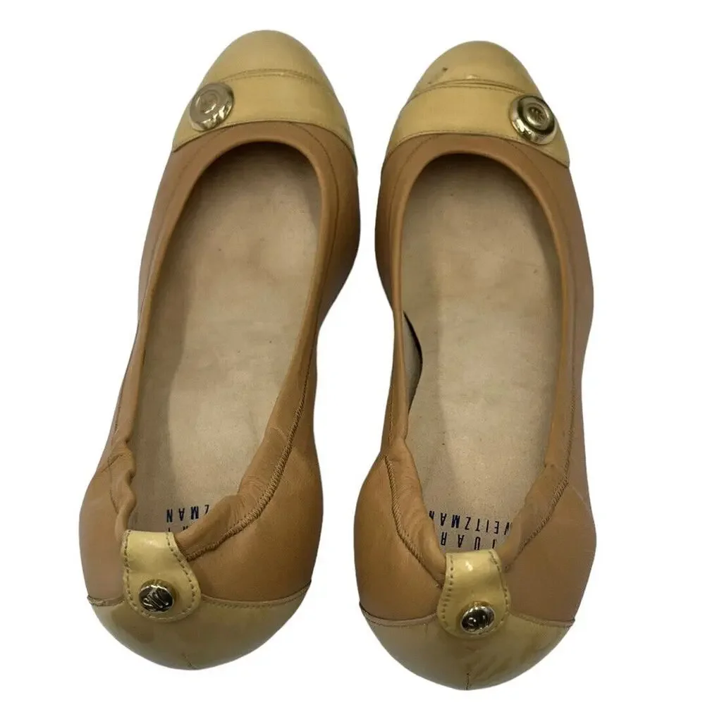 Stuart Weitzman Nude Tan Leather Patent Cap Toe Classic Heel Gold‎ Accent Sz 9.5